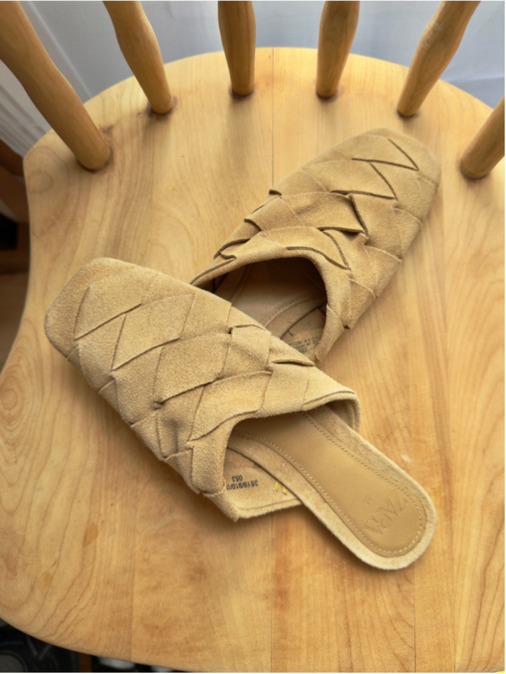 Zara Woven Suede Mule Sandals Tan Leather Slides